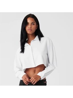 Alo Yoga Cropped Take Me Out Button Up White Long Sleeve Shirt Sz XS W3747R
